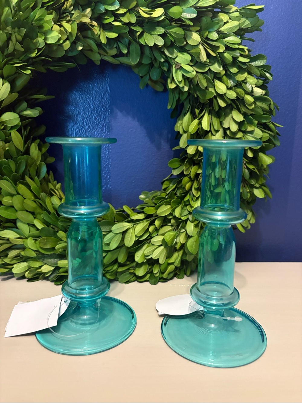 Turquoise Glass Candlestick Pair - 6 inches tall.
